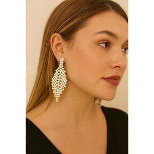 Women's Gold Crystal Fringe Drop‎ Earrings - 0.75" x 2.25" Post-Back